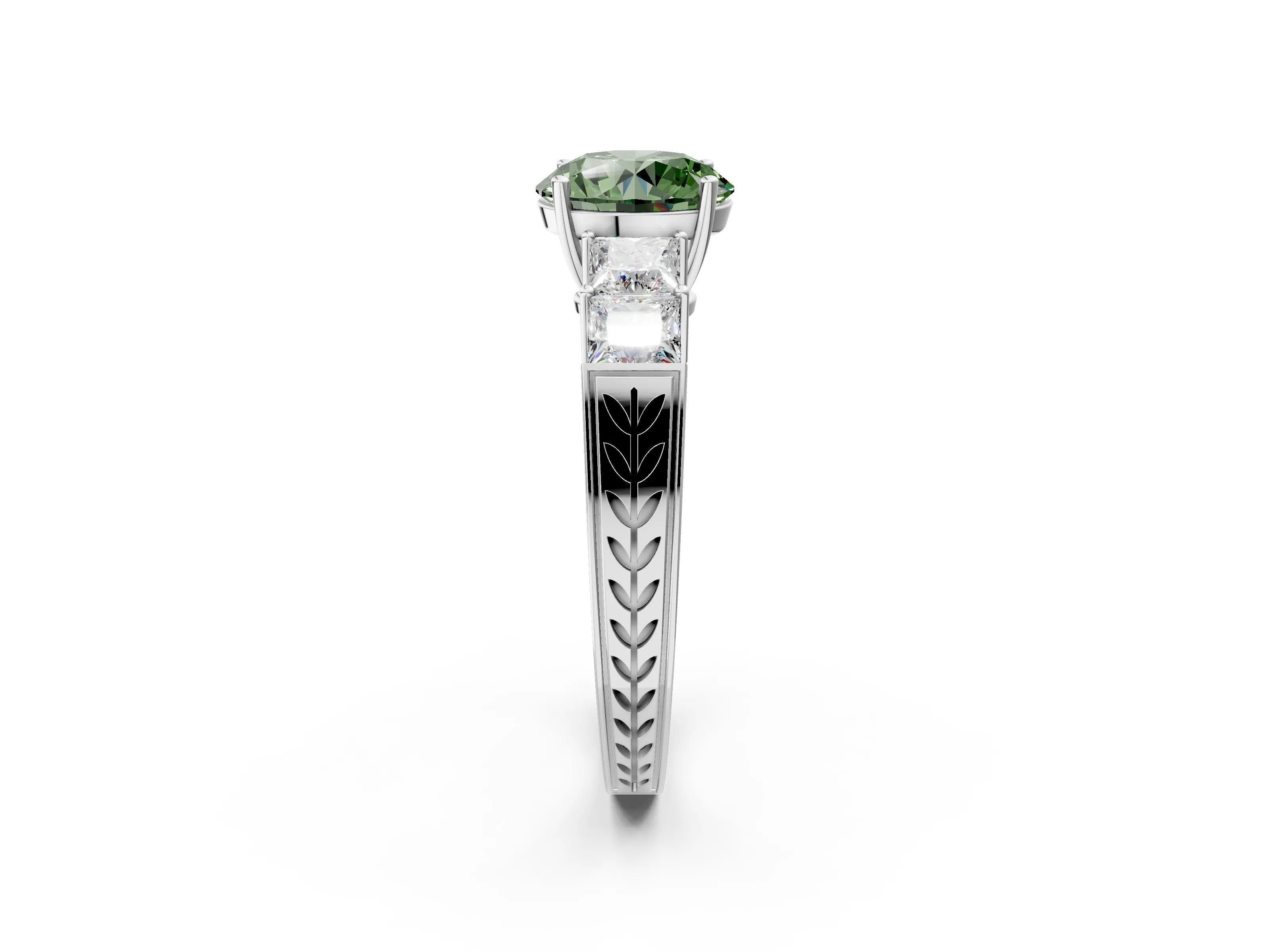 White gold Fancy Green Round Cut Solitaire Princess Side Stone Engraved Band Prong Setting Ring_2