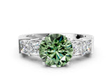 White gold Fancy Green Round Cut Solitaire Princess Side Stone Engraved Band Prong Setting Ring_36