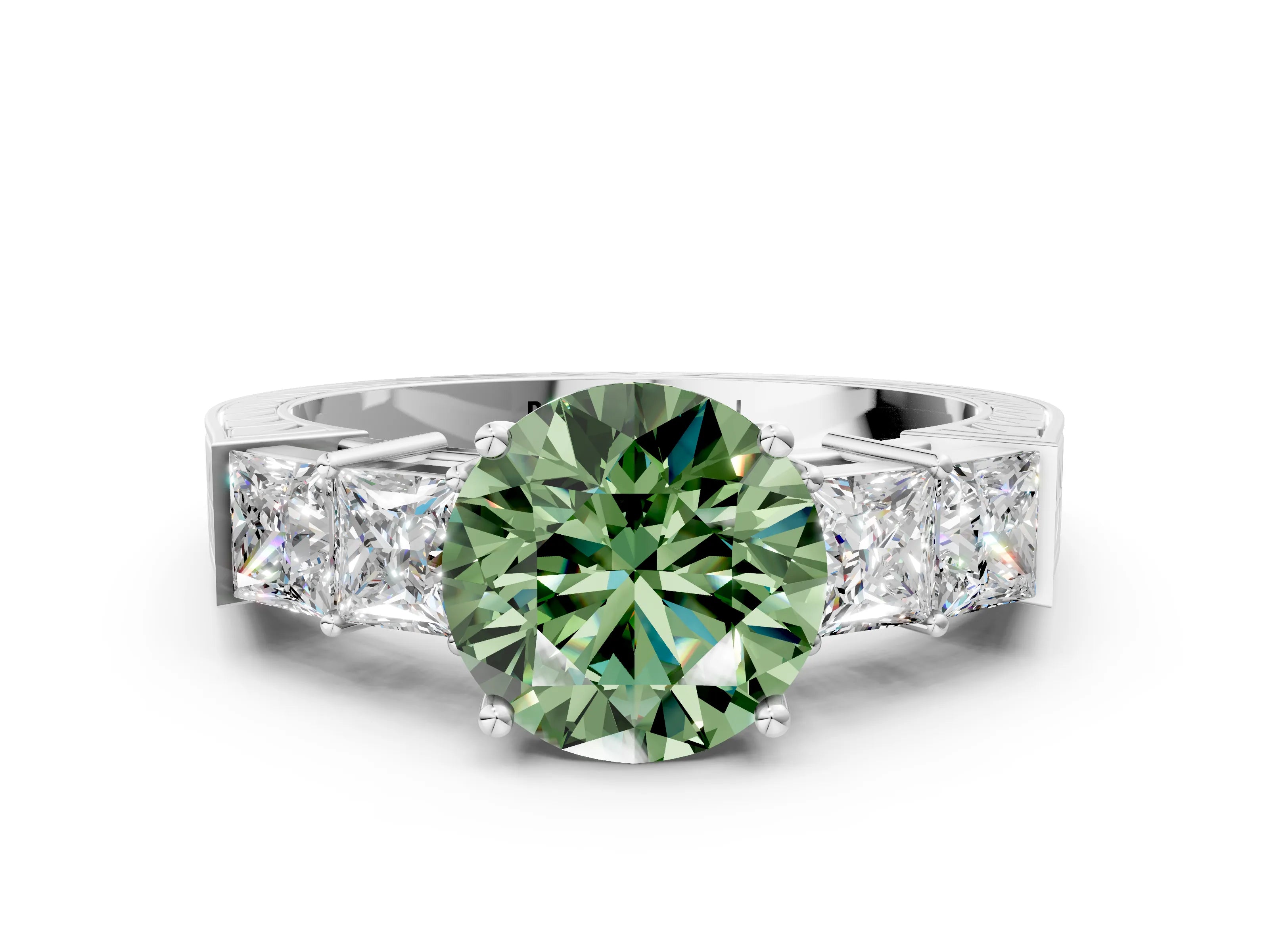 White gold Fancy Green Round Cut Solitaire Princess Side Stone Engraved Band Prong Setting Ring_36