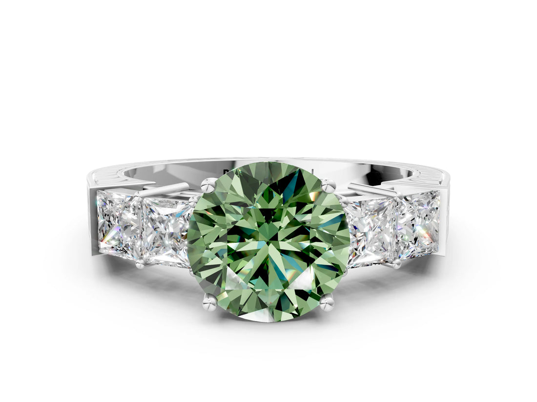 White gold Fancy Green Round Cut Solitaire Princess Side Stone Engraved Band Prong Setting Ring_36