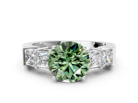 White gold Fancy Green Round Cut Solitaire Princess Side Stone Engraved Band Prong Setting Ring_36