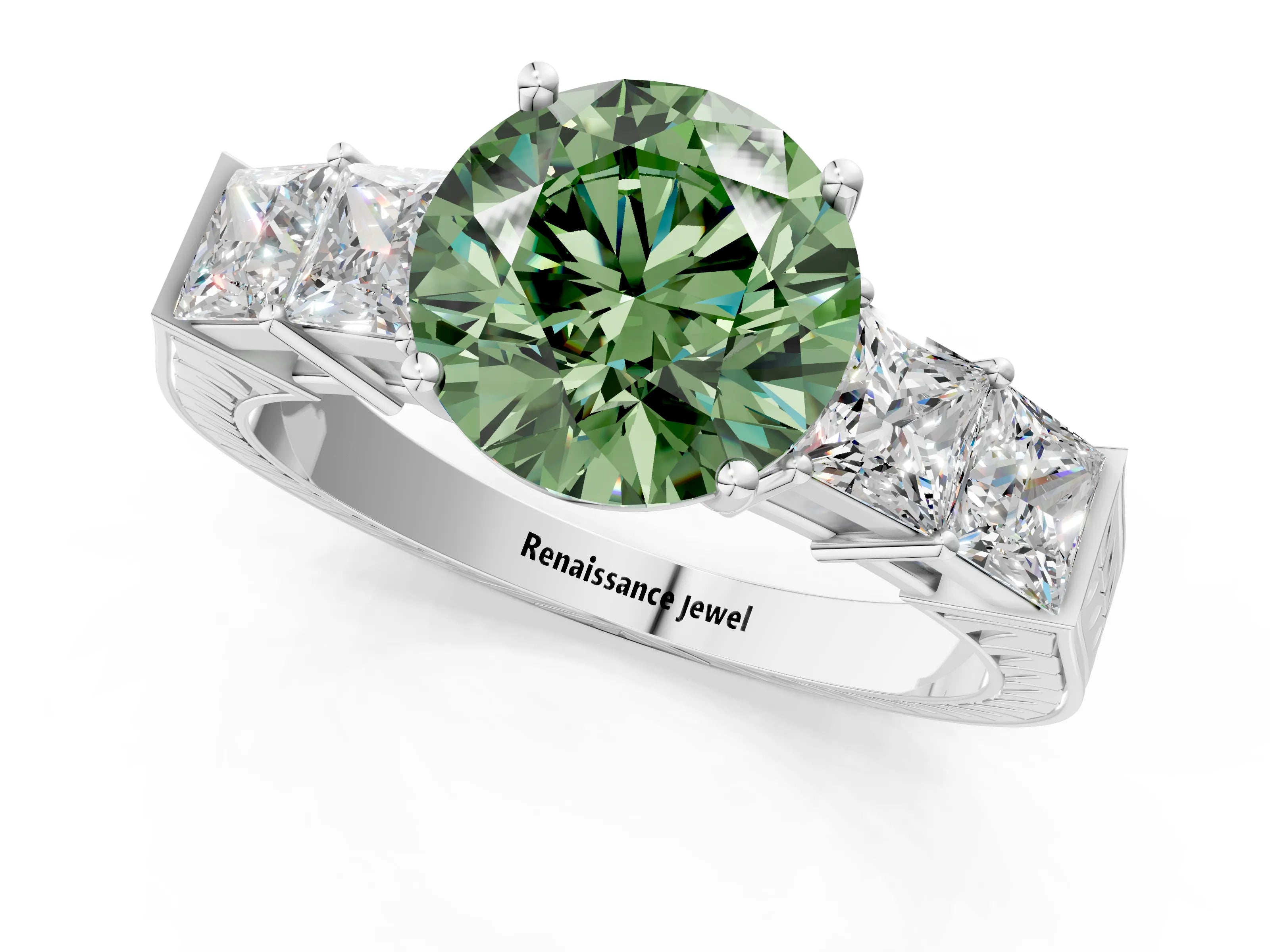 White gold Fancy Green Round Cut Solitaire Princess Side Stone Engraved Band Prong Setting Ring_37