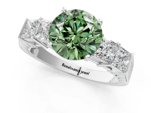 White gold Fancy Green Round Cut Solitaire Princess Side Stone Engraved Band Prong Setting Ring_37