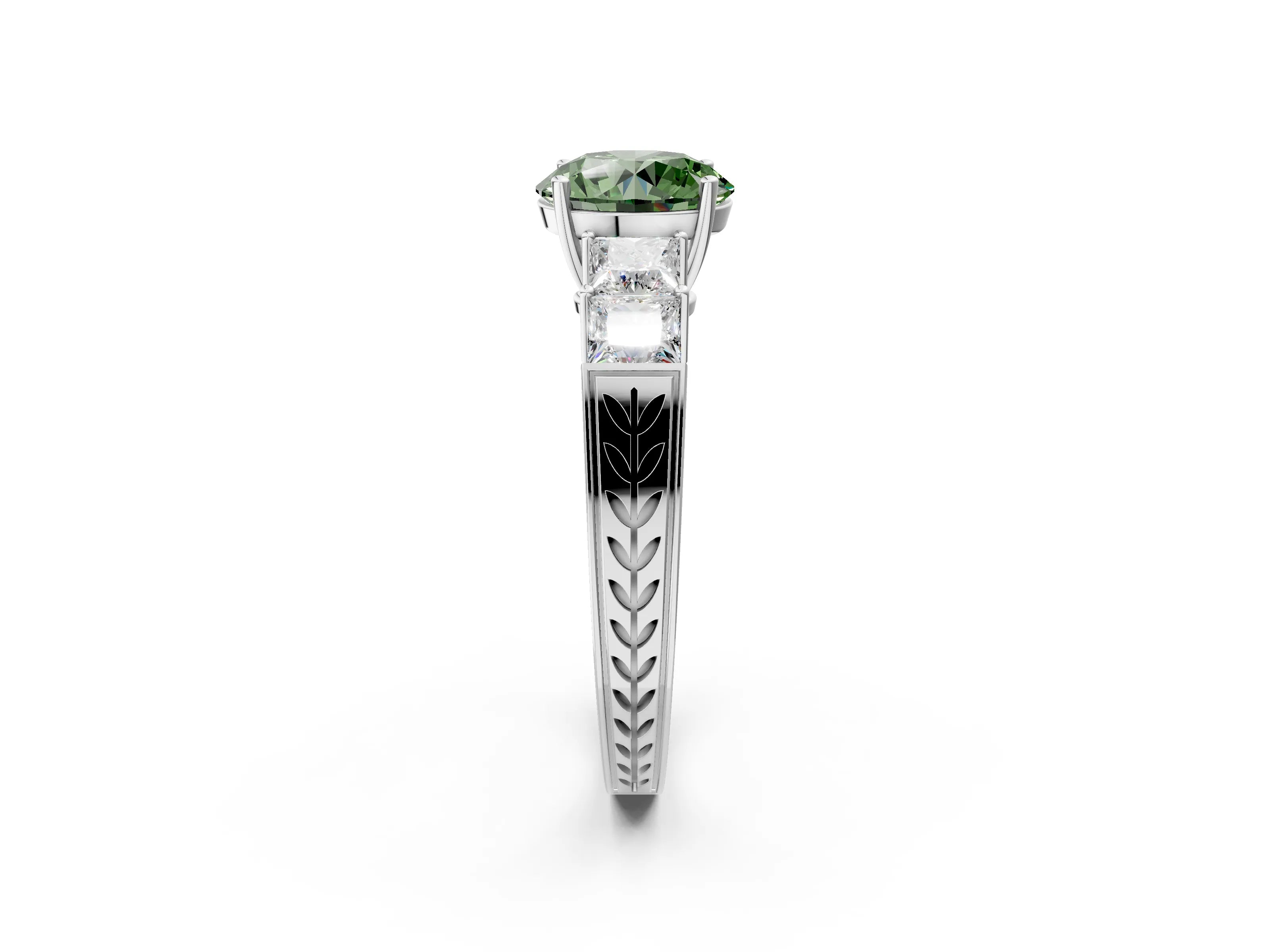 White gold Fancy Green Round Cut Solitaire Princess Side Stone Engraved Band Prong Setting Ring_38
