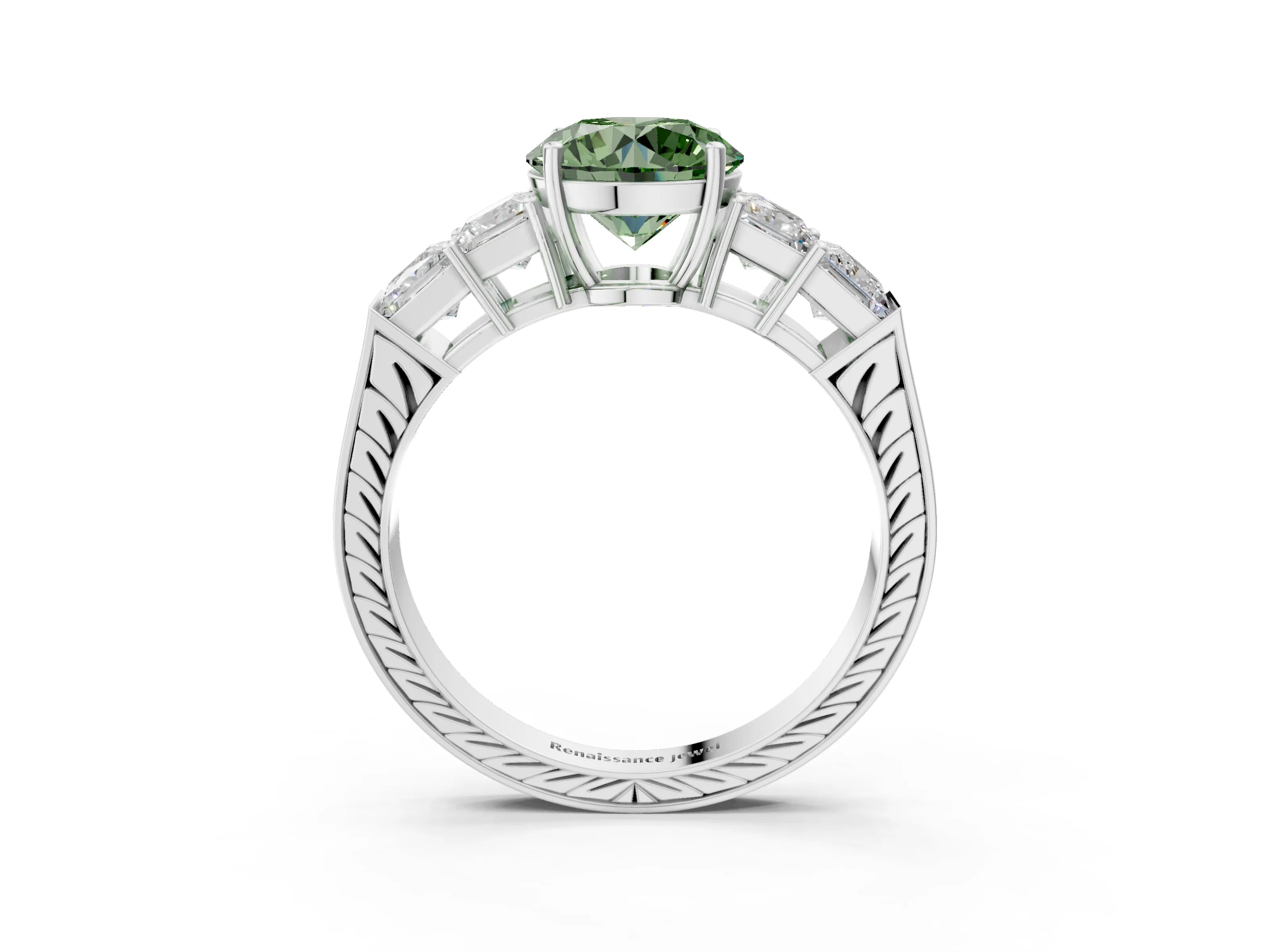 White gold Fancy Green Round Cut Solitaire Princess Side Stone Engraved Band Prong Setting Ring_39
