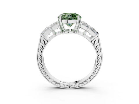 White gold Fancy Green Round Cut Solitaire Princess Side Stone Engraved Band Prong Setting Ring_39