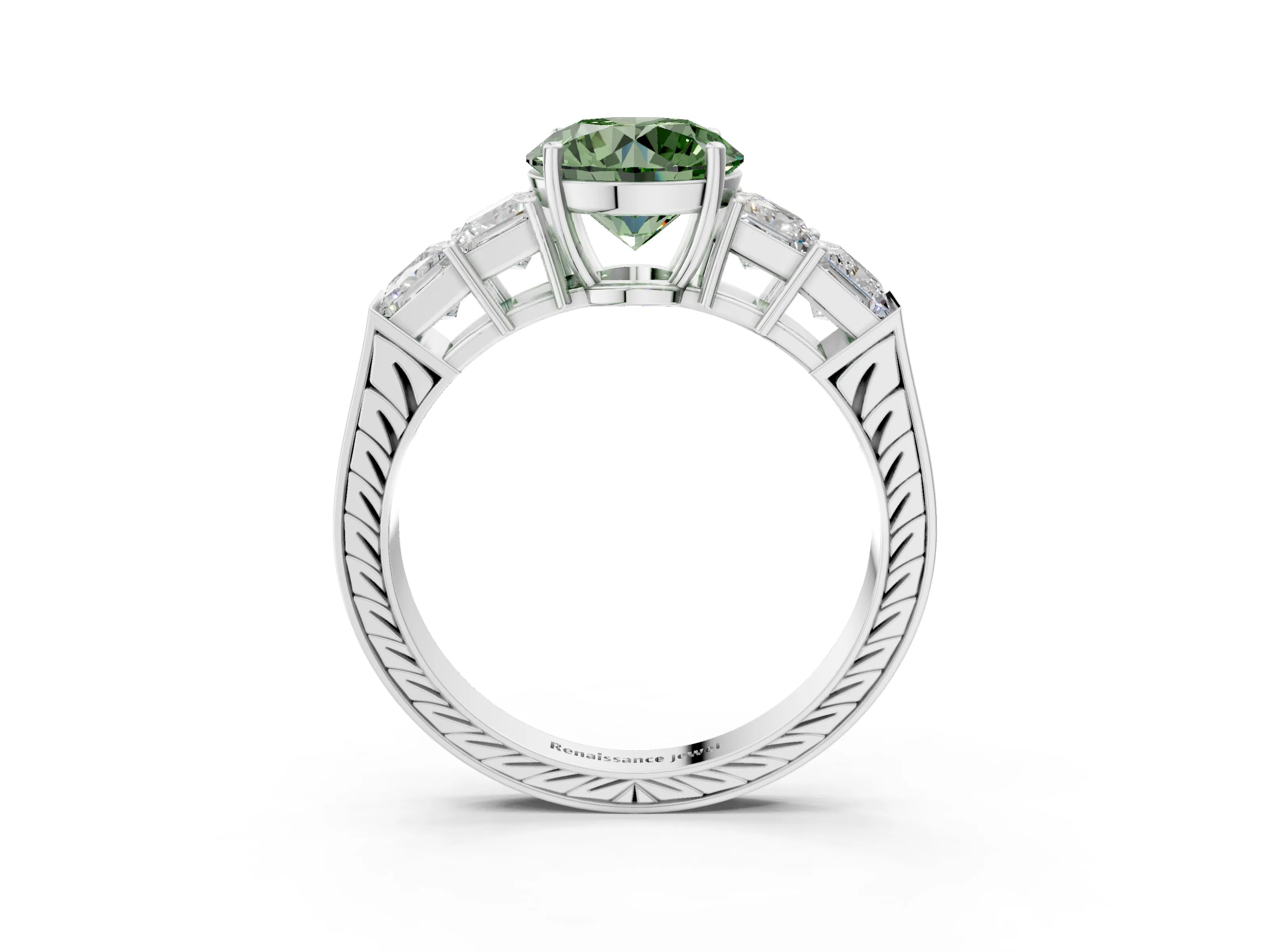 White gold Fancy Green Round Cut Solitaire Princess Side Stone Engraved Band Prong Setting Ring_3