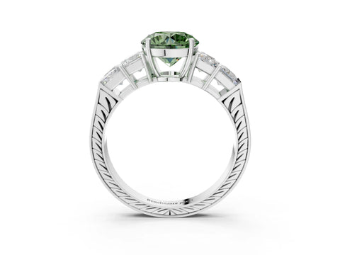 White gold Fancy Green Round Cut Solitaire Princess Side Stone Engraved Band Prong Setting Ring_3