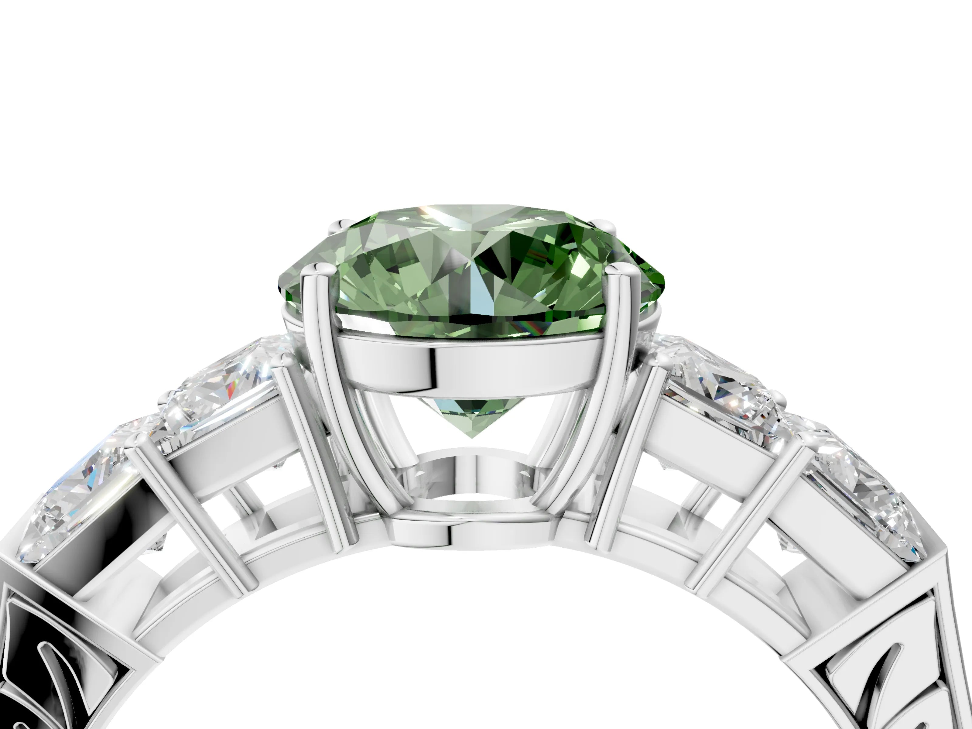 White gold Fancy Green Round Cut Solitaire Princess Side Stone Engraved Band Prong Setting Ring_40