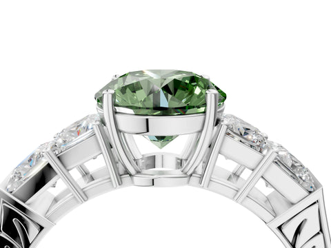 White gold Fancy Green Round Cut Solitaire Princess Side Stone Engraved Band Prong Setting Ring_40