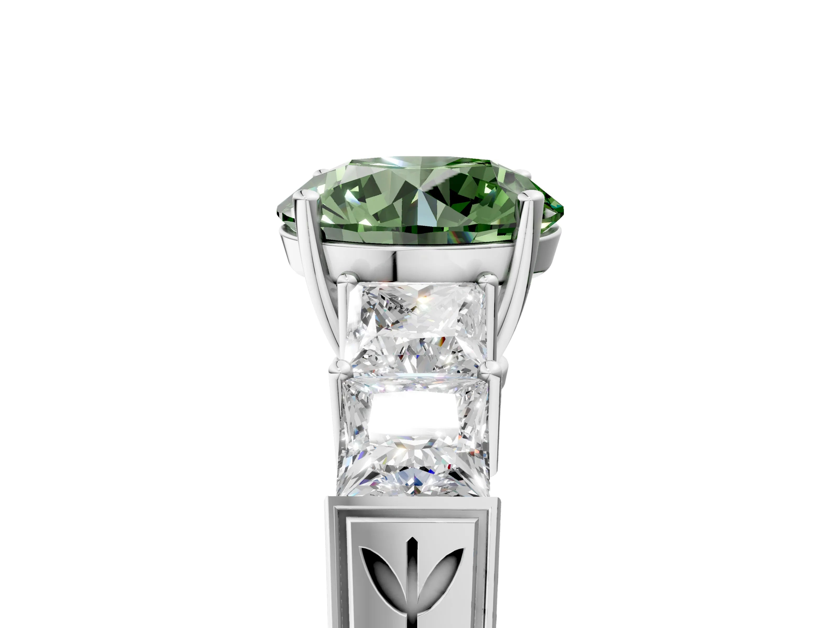 White gold Fancy Green Round Cut Solitaire Princess Side Stone Engraved Band Prong Setting Ring_41