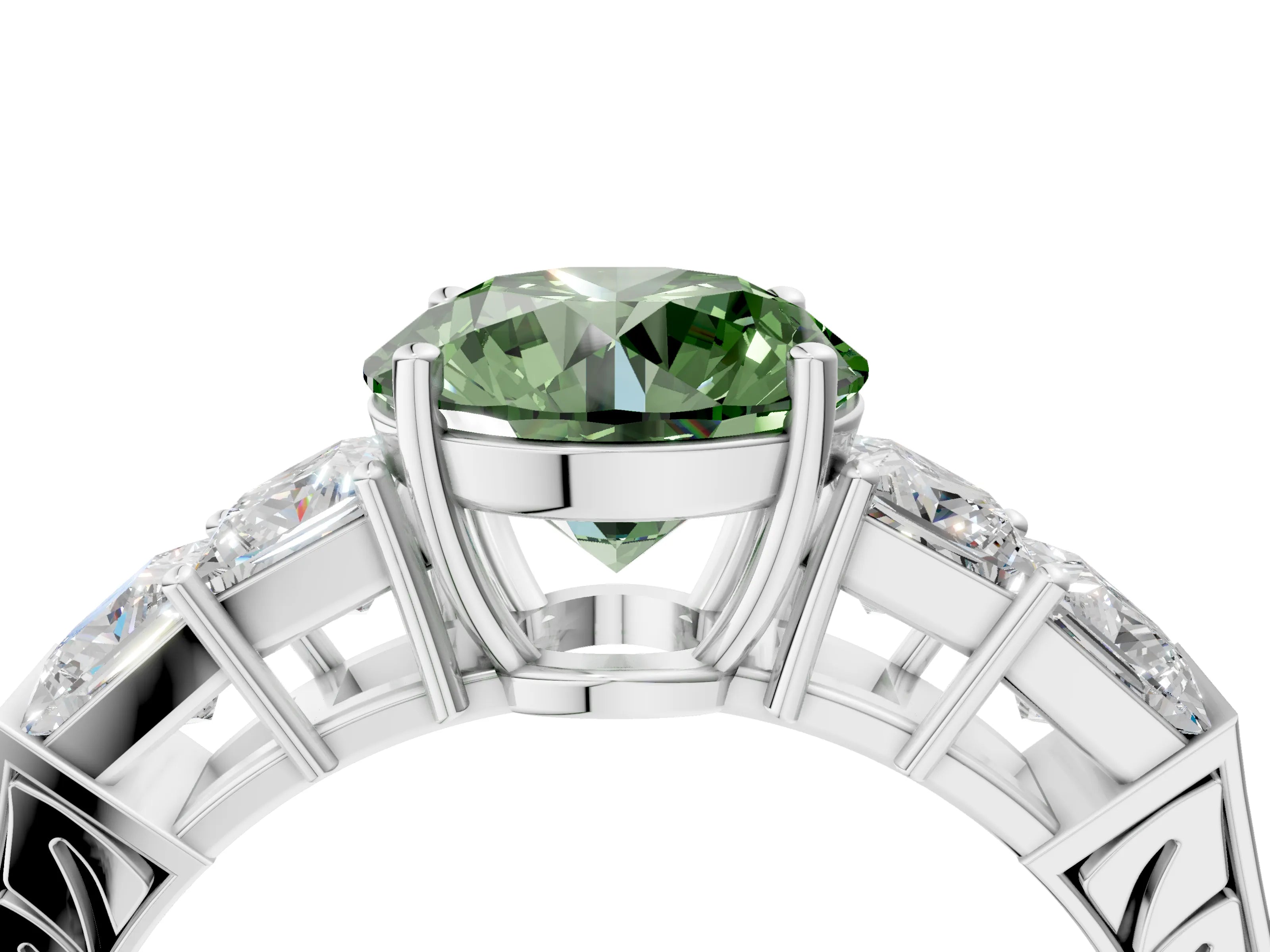 White gold Fancy Green Round Cut Solitaire Princess Side Stone Engraved Band Prong Setting Ring_4