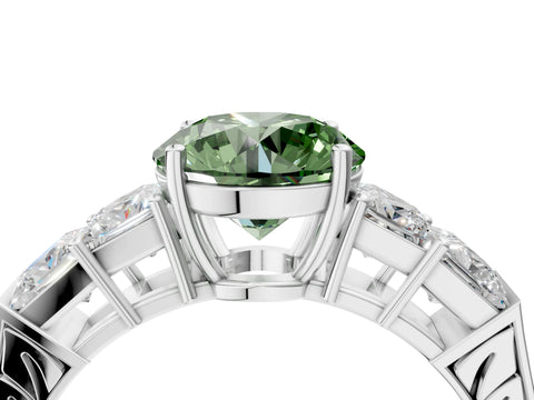 White gold Fancy Green Round Cut Solitaire Princess Side Stone Engraved Band Prong Setting Ring_4
