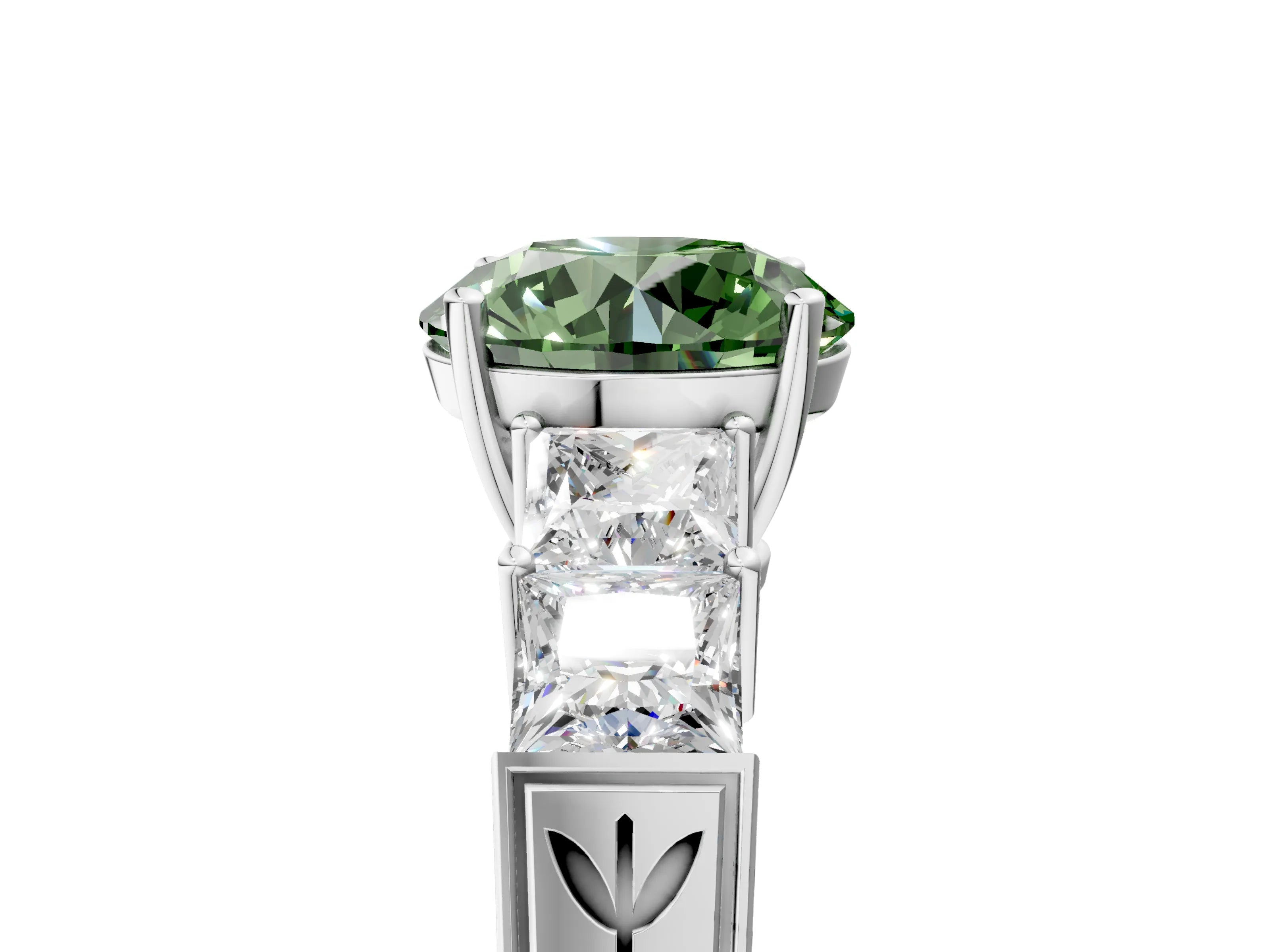 White gold Fancy Green Round Cut Solitaire Princess Side Stone Engraved Band Prong Setting Ring_5