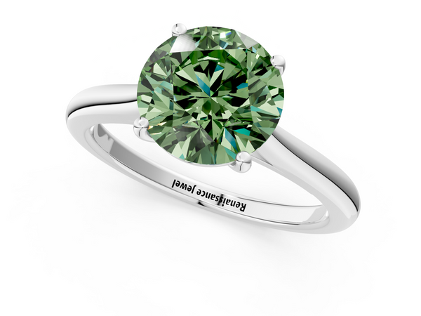 White gold Fancy Green Round  Cut Solitaire Ring with Cathedral Band and Four-Prong Setting