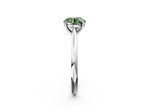 White gold Fancy Green Round  Cut Solitaire Ring with Cathedral Band and Four-Prong Setting