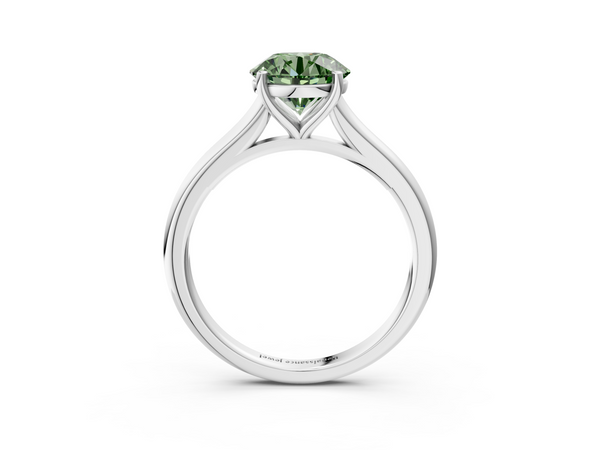 White gold Fancy Green Round  Cut Solitaire Ring with Cathedral Band and Four-Prong Setting