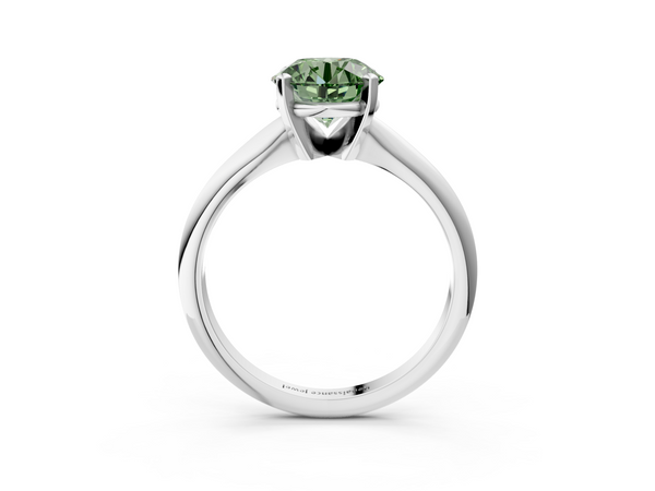 Platinum Fancy Green Round  Cut Solitaire Ring with Four-Prong Setting on a Classic Band