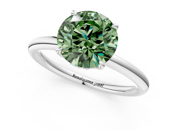White gold Fancy Green Round Cut Diamond Solitaire Ring with Thin Band and Four-Prong Setting