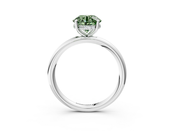 White gold Fancy Green Round Cut Diamond Solitaire Ring with Thin Band and Four-Prong Setting