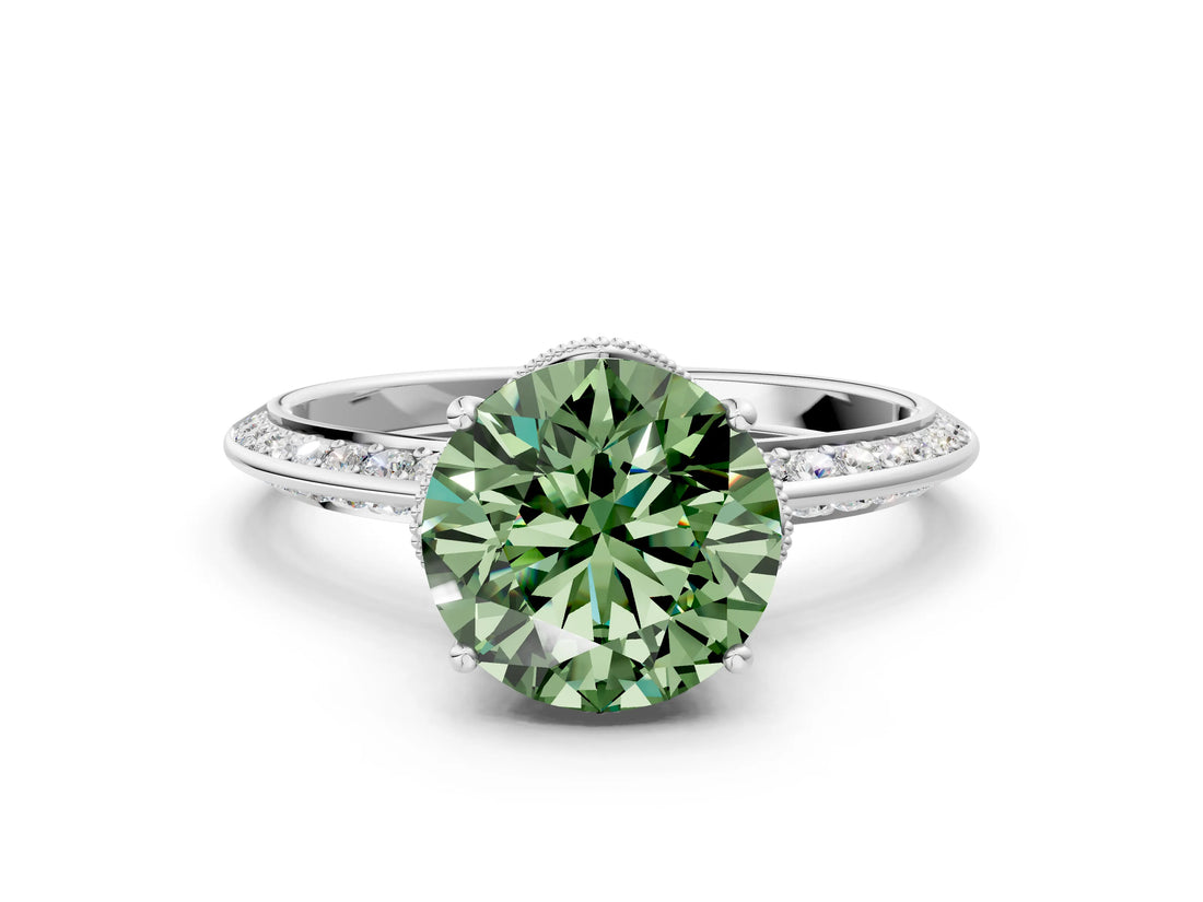 White gold Fancy Green Round Cut Solitaire Split Shank Pave Diamond Engagement Ring with Four-Prong Setting_60