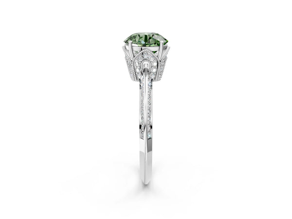 White Gold Round Graduated Pave Engagement Ring Setting for Fancy Green Center