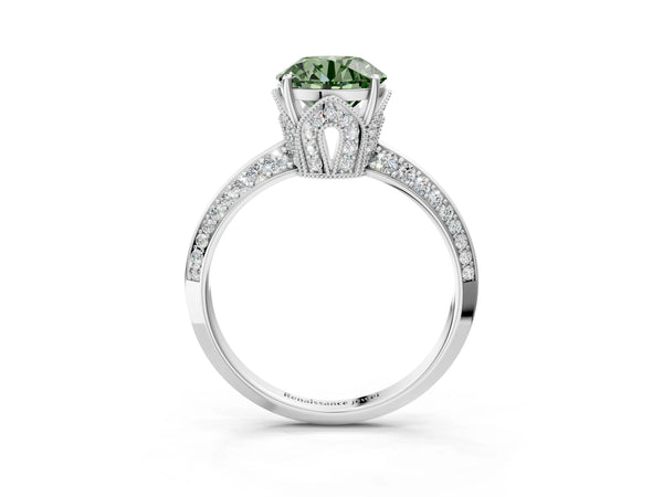 White Gold Round Graduated Pave Engagement Ring Setting for Fancy Green Center