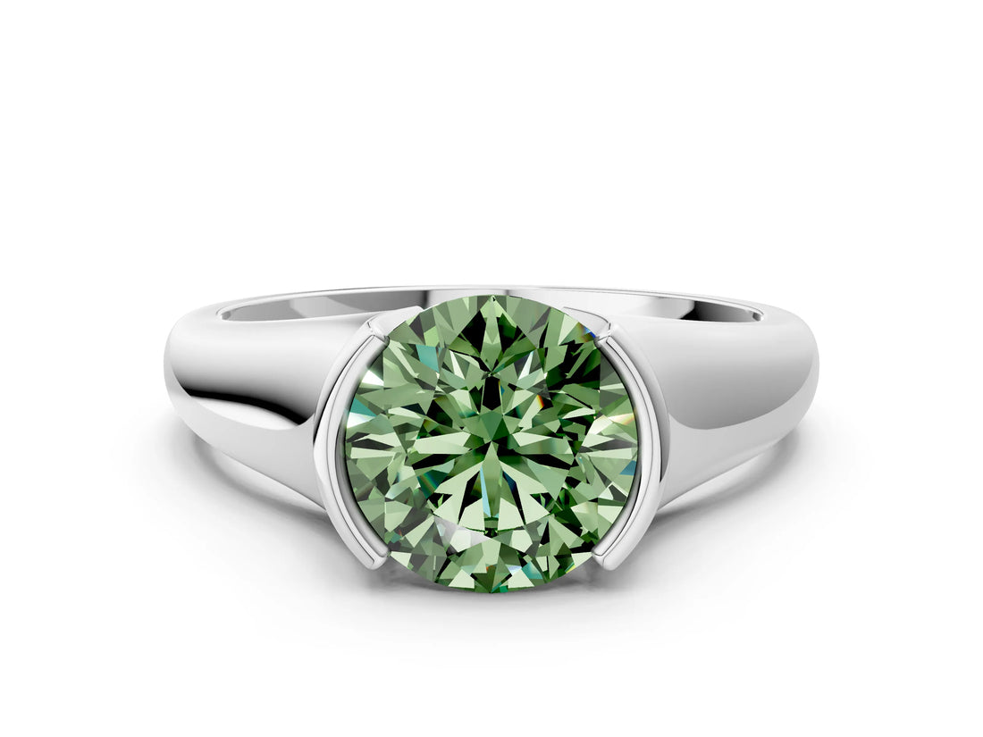 White gold Fancy Green Round Cut Solitaire Tension Set Diamond Ring with Split Shank Band_12