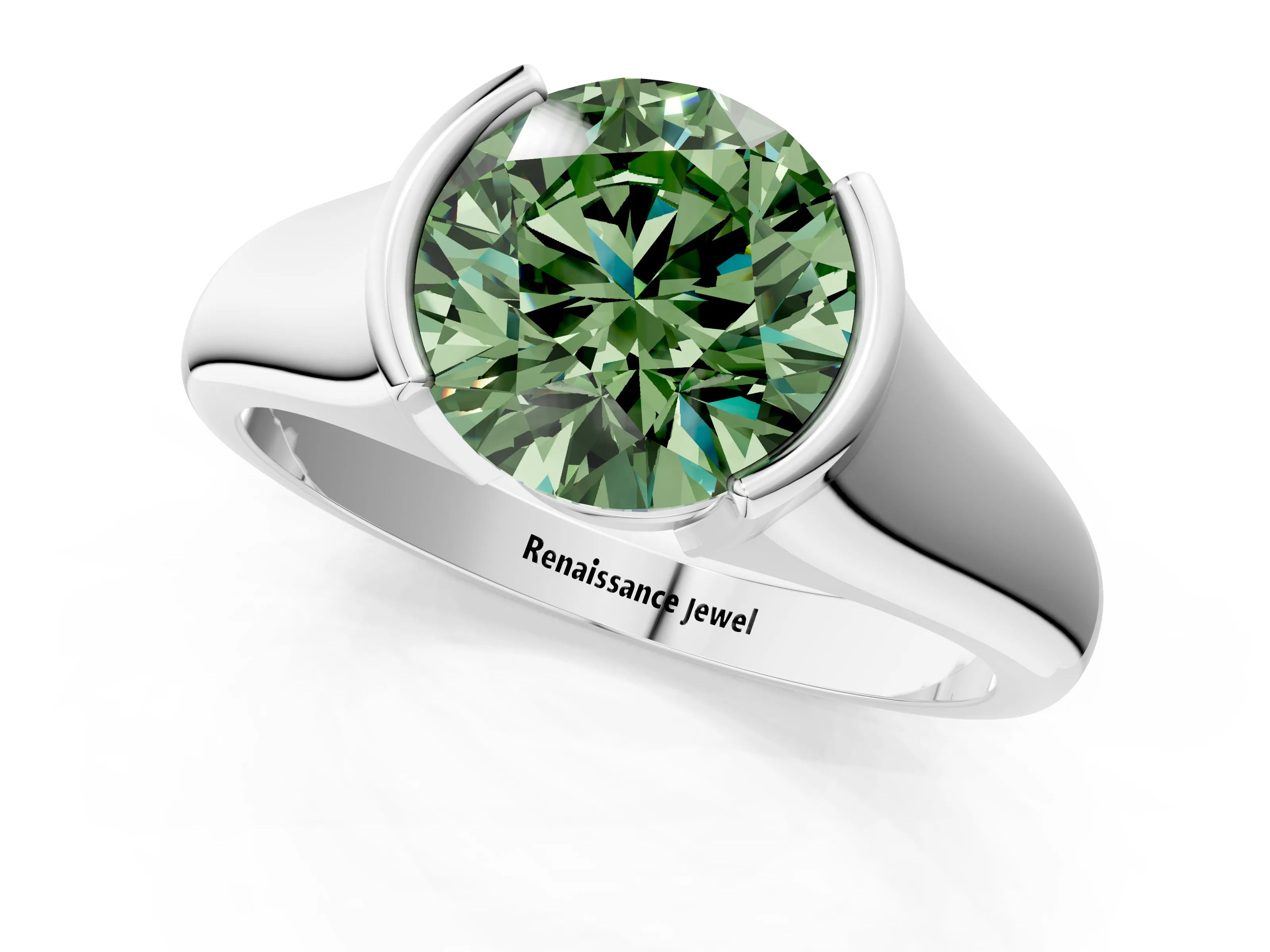 White gold Fancy Green Round Cut Solitaire Tension Set Diamond Ring with Split Shank Band_13
