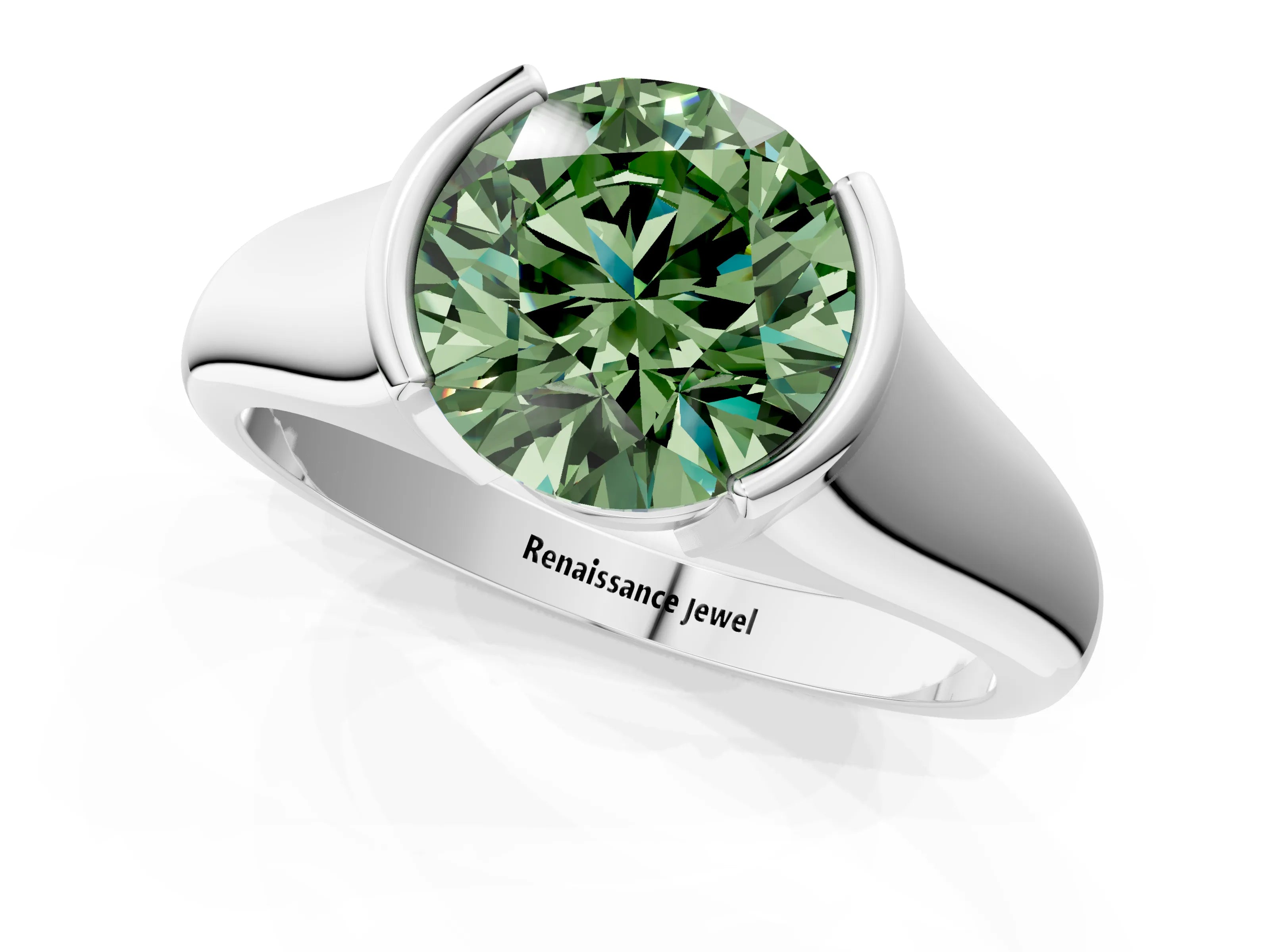 White gold Fancy Green Round Cut Solitaire Tension Set Diamond Ring with Split Shank Band_1