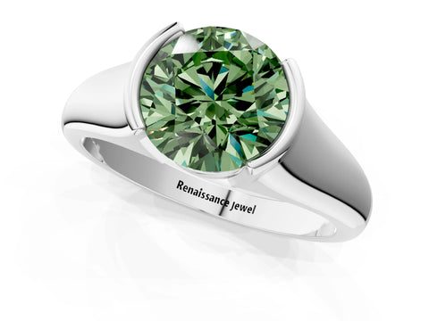 White gold Fancy Green Round Cut Solitaire Tension Set Diamond Ring with Split Shank Band_1