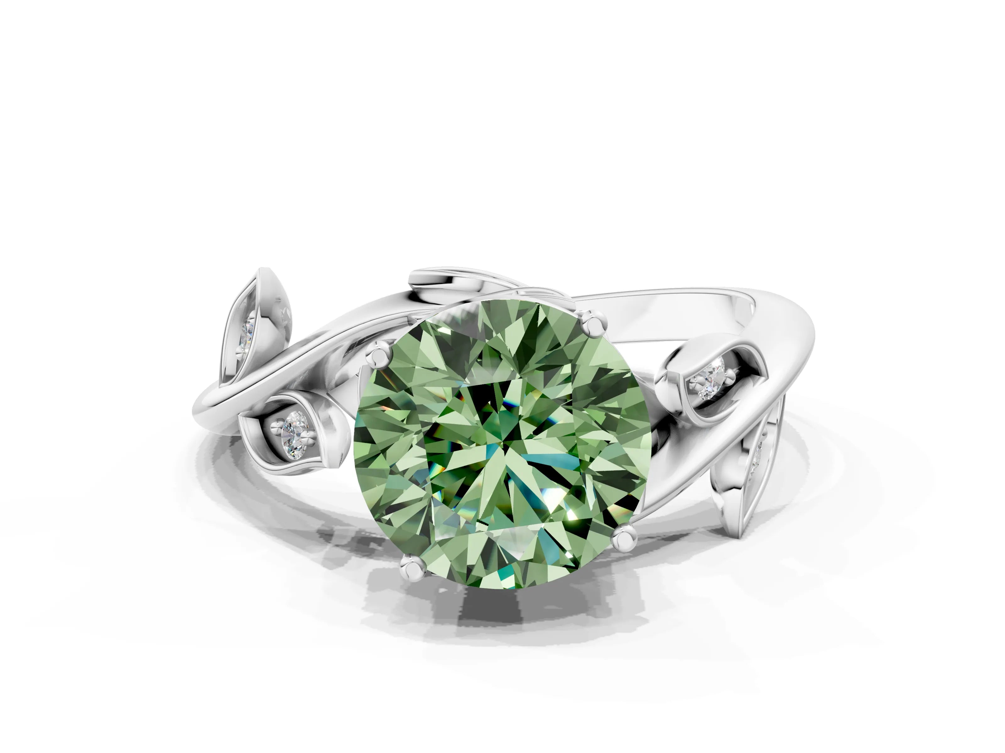 White gold Fancy Green Round Cut Solitaire Twist Engagement Ring with Leaf Accents and Prong Setting