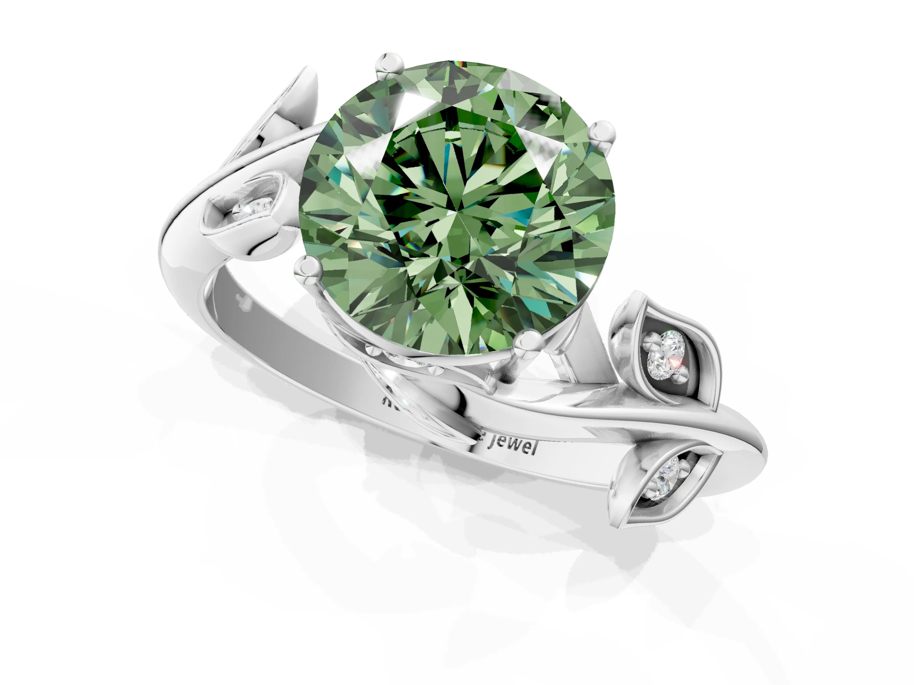 White gold Fancy Green Round Cut Solitaire Twist Engagement Ring with Leaf Accents and Prong Setting_1