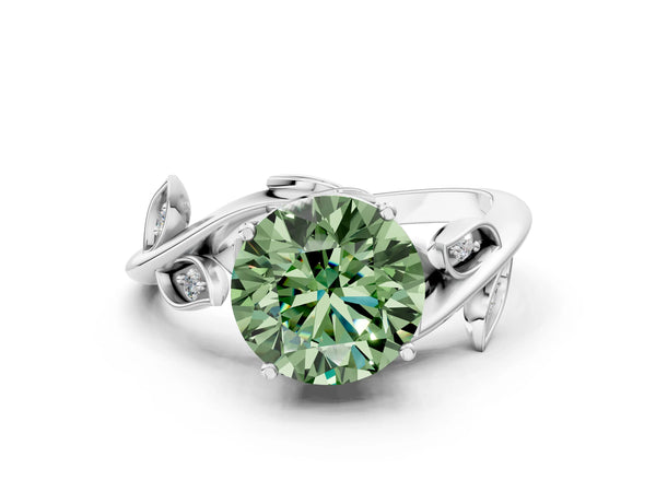 Platinum Fancy Green Round Cut Solitaire Twist Engagement Ring with Leaf Accents and Prong Setting