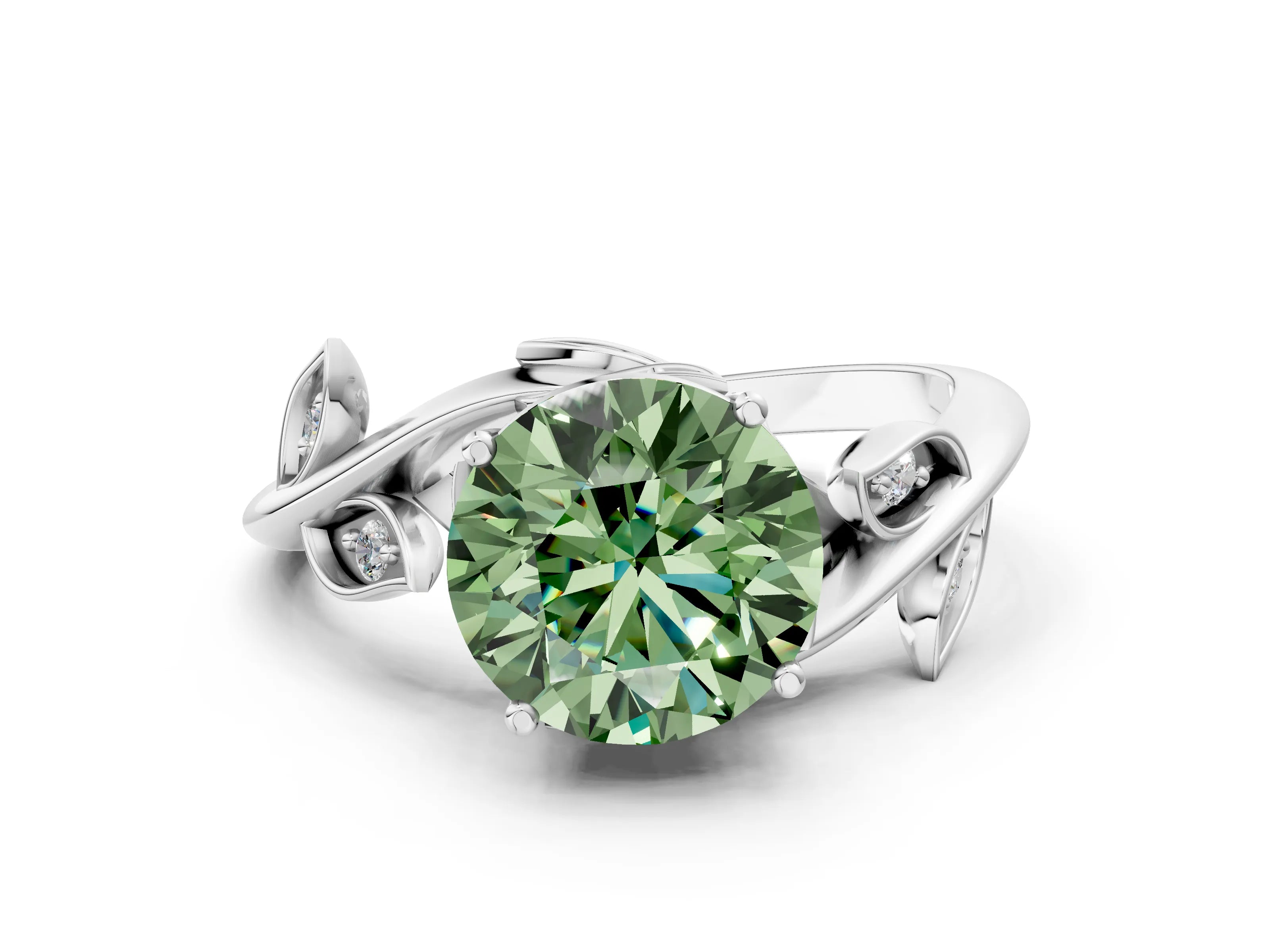 White gold Fancy Green Round Cut Solitaire Twist Engagement Ring with Leaf Accents and Prong Setting_12