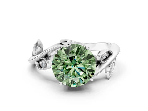 White gold Fancy Green Round Cut Solitaire Twist Engagement Ring with Leaf Accents and Prong Setting_12