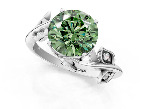White gold Fancy Green Round Cut Solitaire Twist Engagement Ring with Leaf Accents and Prong Setting_13
