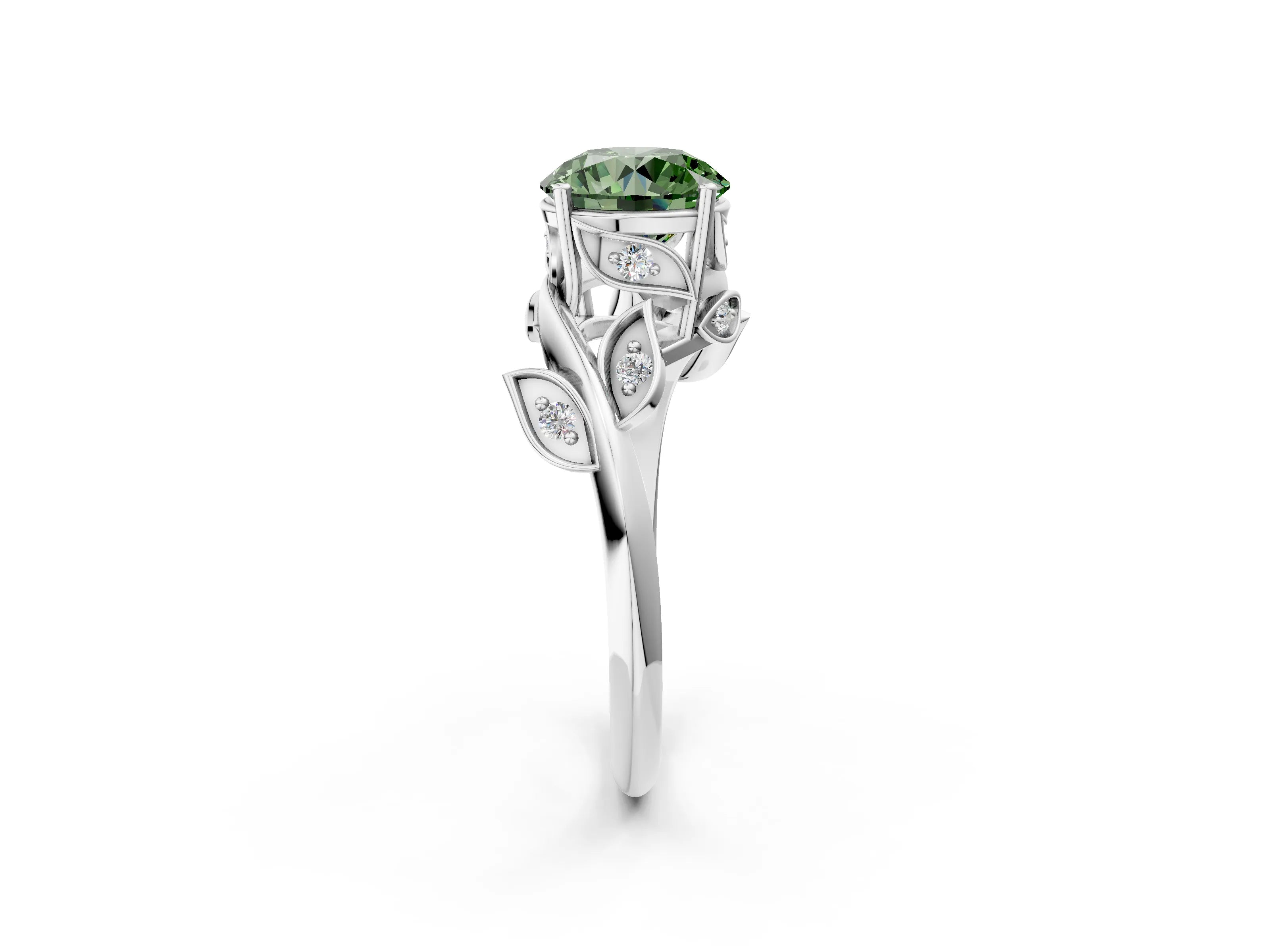 White gold Fancy Green Round Cut Solitaire Twist Engagement Ring with Leaf Accents and Prong Setting_14