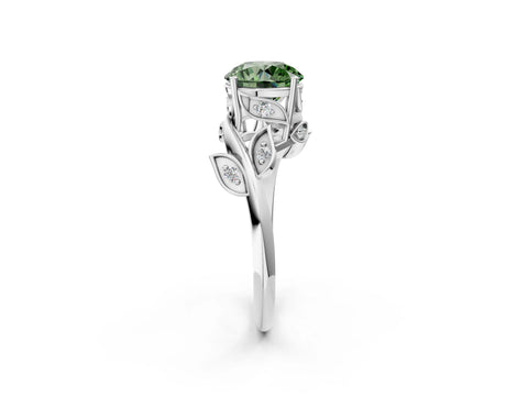 White gold Fancy Green Round Cut Solitaire Twist Engagement Ring with Leaf Accents and Prong Setting_14