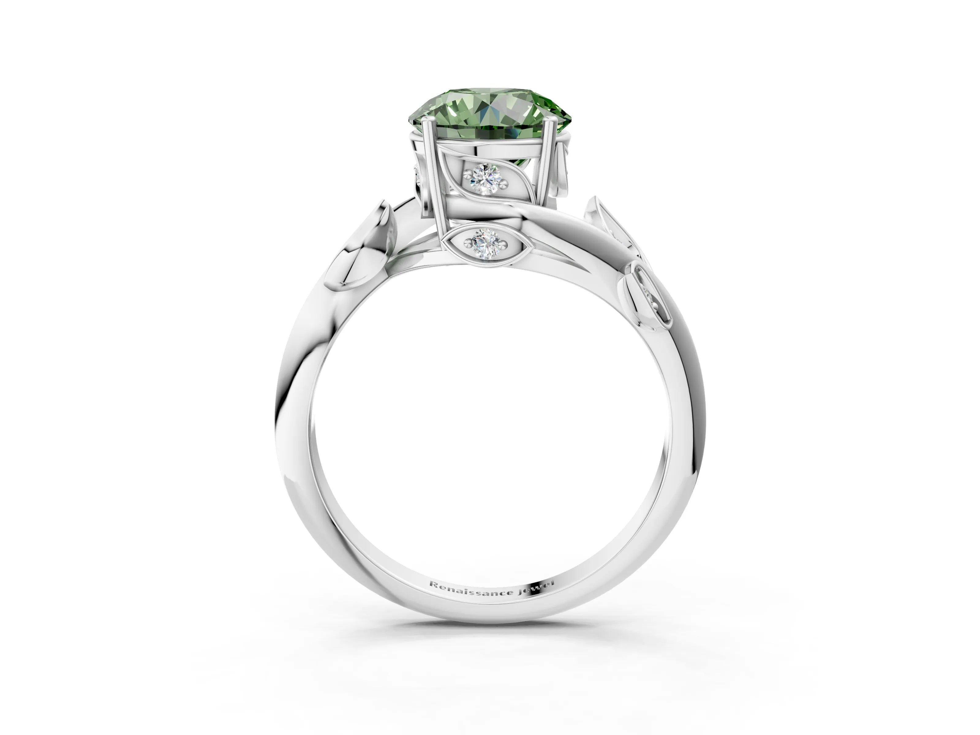 White gold Fancy Green Round Cut Solitaire Twist Engagement Ring with Leaf Accents and Prong Setting_15