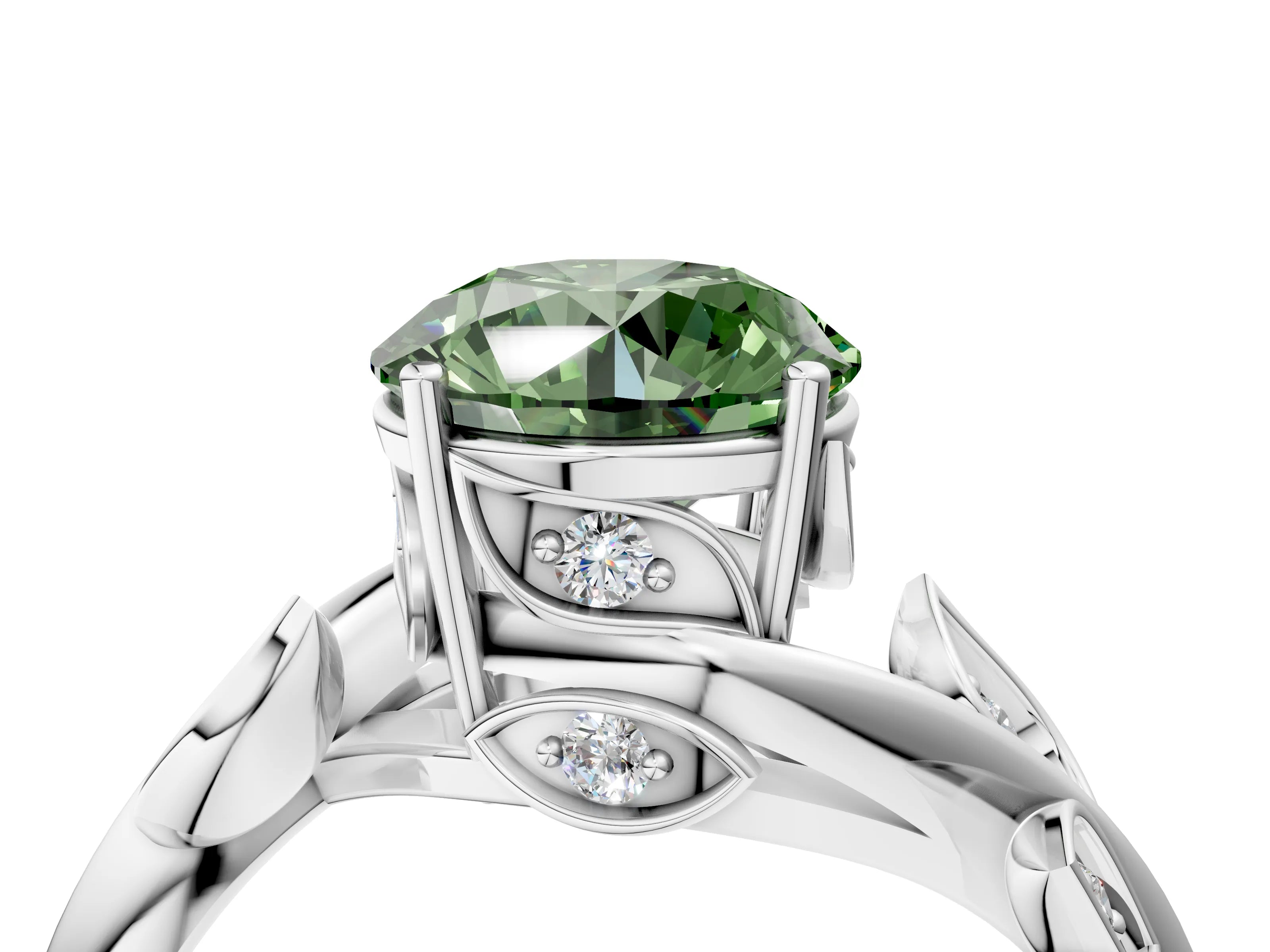 White gold Fancy Green Round Cut Solitaire Twist Engagement Ring with Leaf Accents and Prong Setting_16