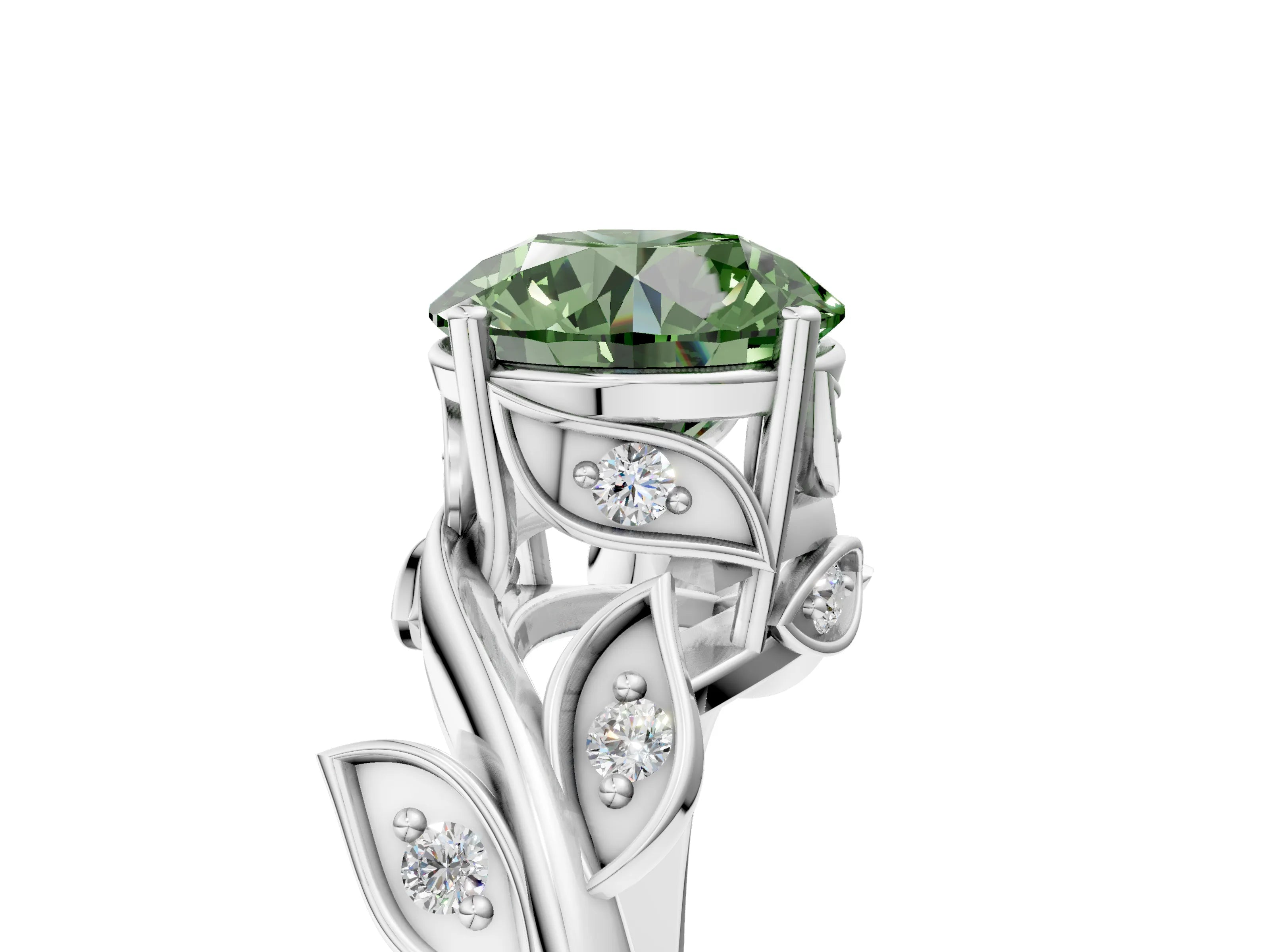 White gold Fancy Green Round Cut Solitaire Twist Engagement Ring with Leaf Accents and Prong Setting_17
