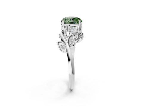 White gold Fancy Green Round Cut Solitaire Twist Engagement Ring with Leaf Accents and Prong Setting_2