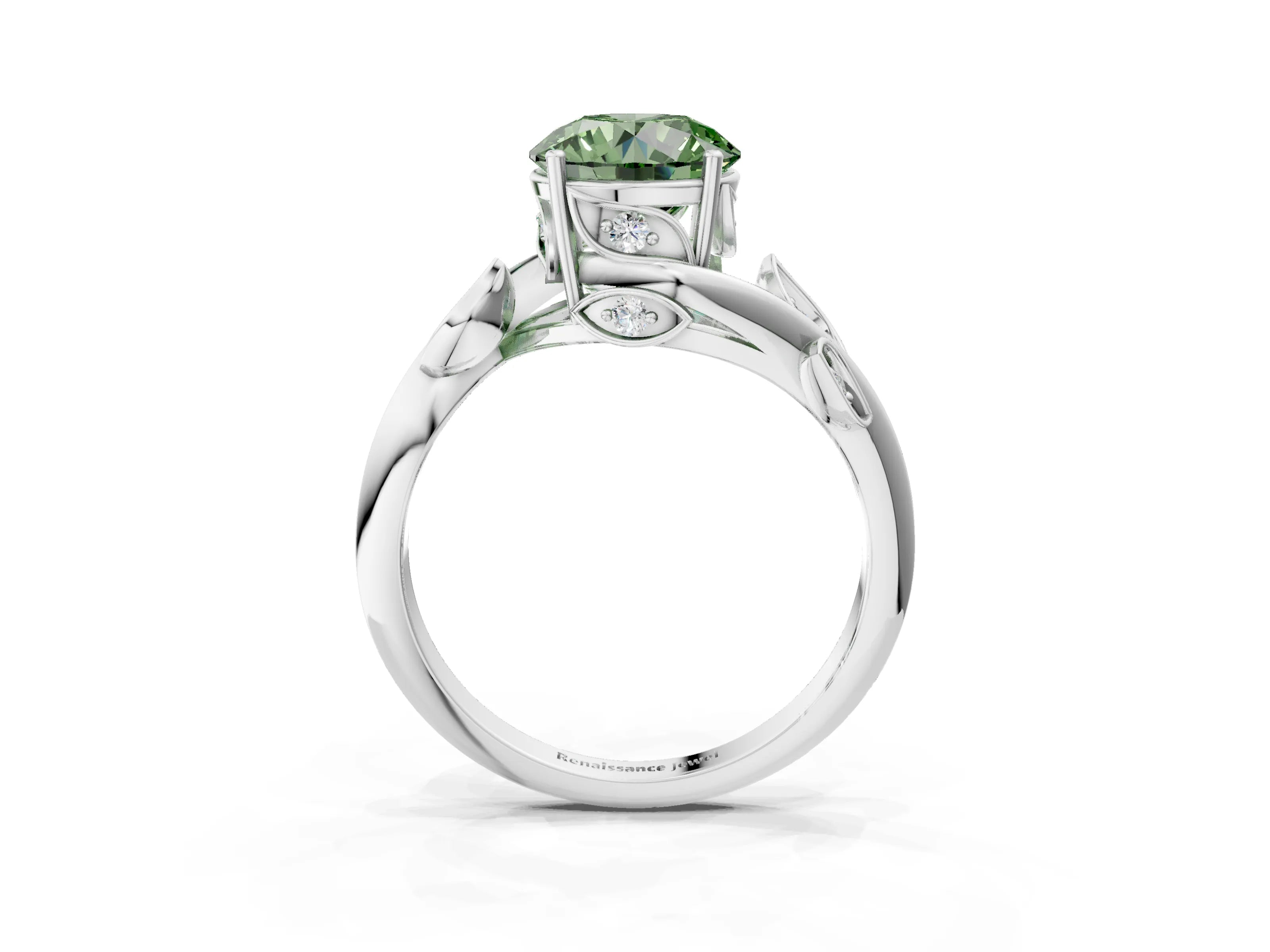 White gold Fancy Green Round Cut Solitaire Twist Engagement Ring with Leaf Accents and Prong Setting_3