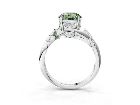 White gold Fancy Green Round Cut Solitaire Twist Engagement Ring with Leaf Accents and Prong Setting_3