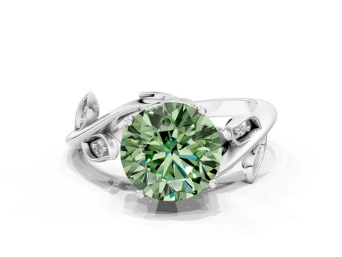 White gold Fancy Green Round Cut Solitaire Twist Engagement Ring with Leaf Accents and Prong Setting