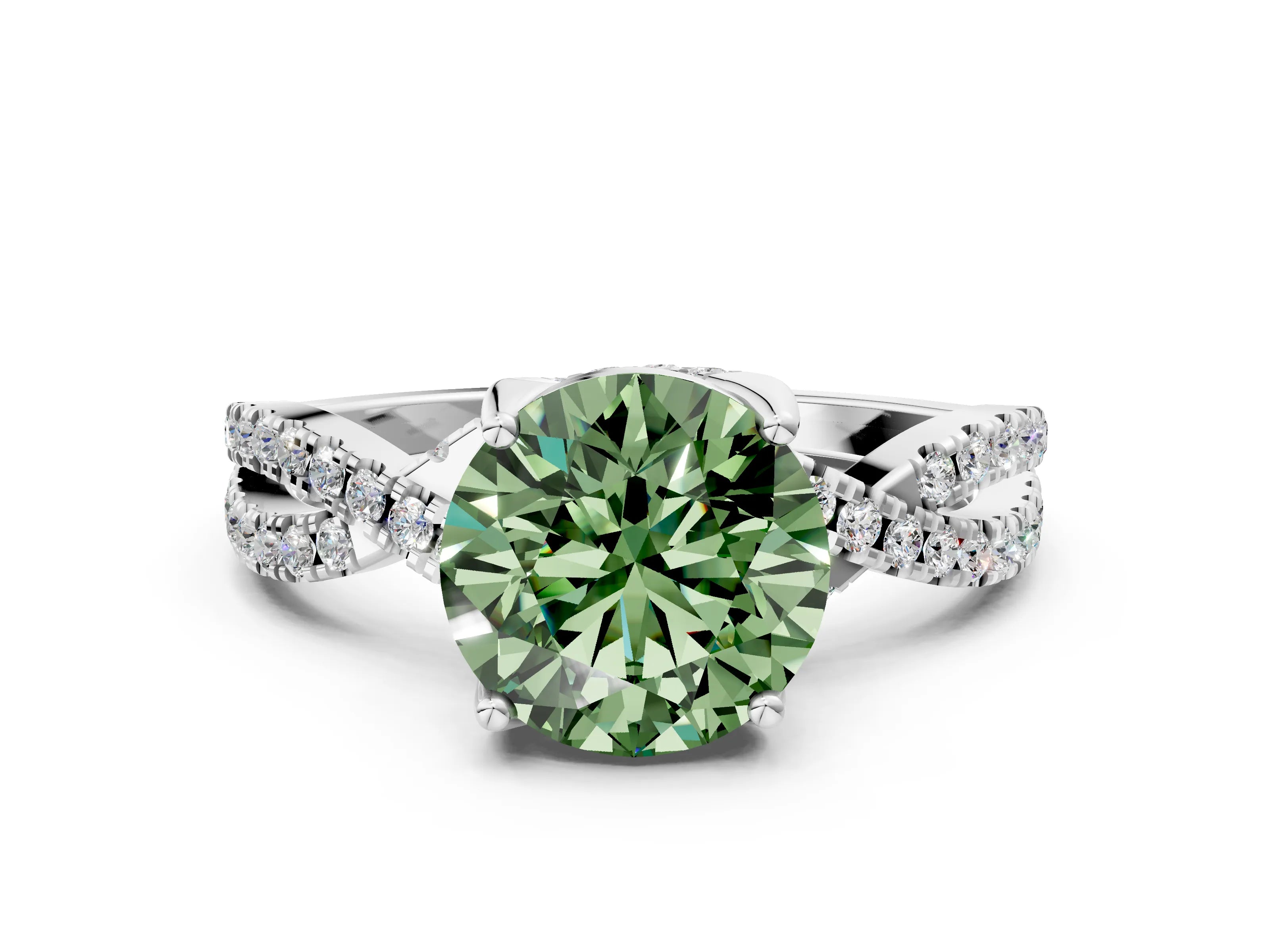 White gold Fancy Green Round Cut Solitaire Twist Pave Diamond Engagement Ring with Prong Setting