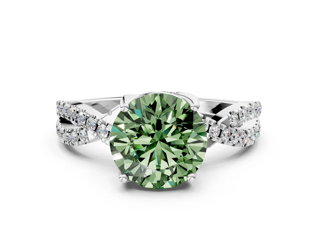 White gold Fancy Green Round Cut Solitaire Twist Pave Diamond Engagement Ring with Prong Setting