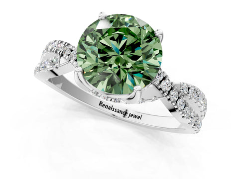 White gold Fancy Green Round Cut Solitaire Twist Pave Diamond Engagement Ring with Prong Setting_1