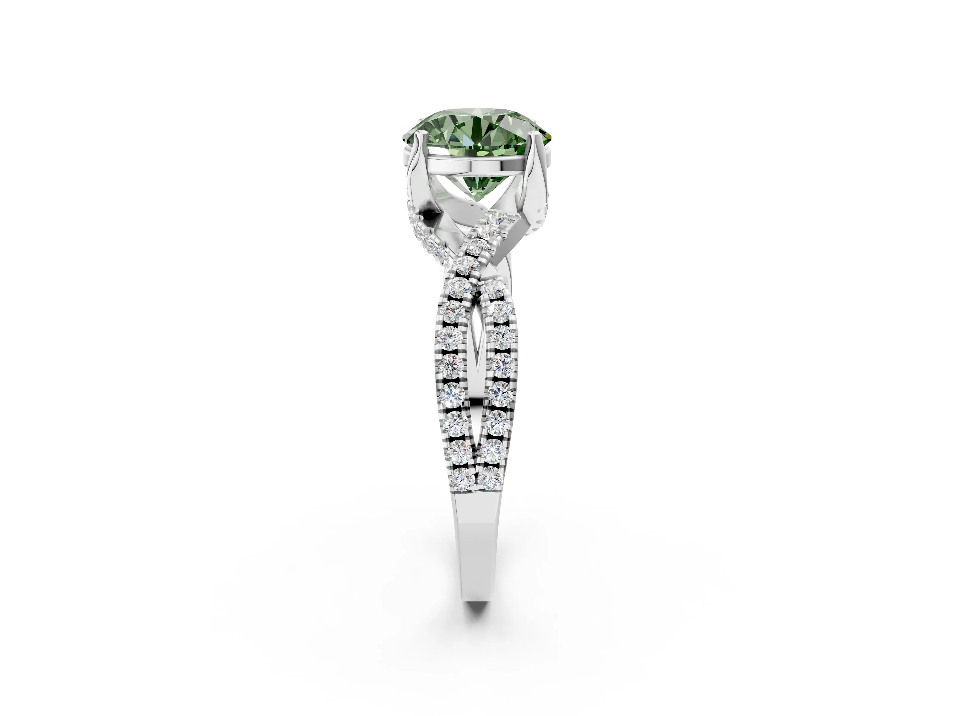 White gold Fancy Green Round Cut Solitaire Twist Pave Diamond Engagement Ring with Prong Setting_2